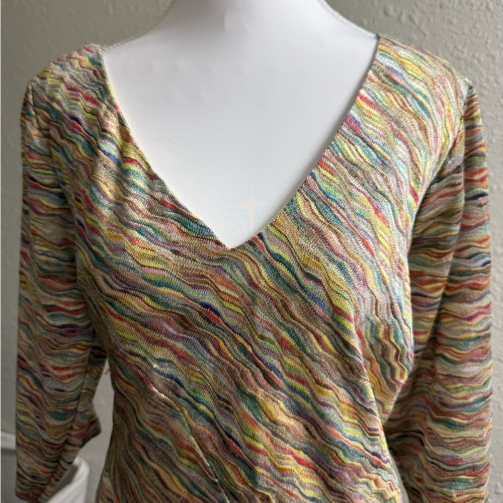 LONDON TIMES PLUS SIZE 14W MULTICOLOR WAVE PRINT MIDI DRESS  V-NECK STRETCH NWT - Picture 5 of 8